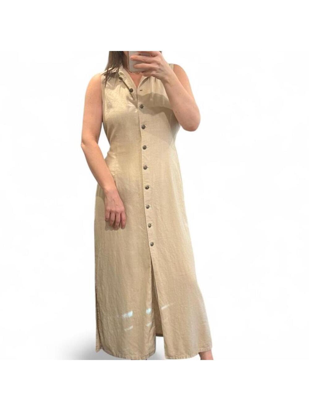 Vintage 90s Linen Blend Button Front Maxi Dress Beige Cottagecore